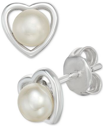 Macy's - Cultured Freshwater Pearl (4-5mm) 18" Cross Pendant Necklace and Heart Stud Earrings Set in Sterling Silver