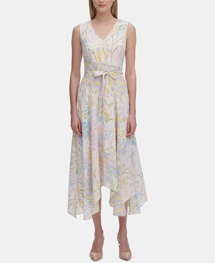 Calvin Klein Floral-Print V-Neck Handkerchief-Hem Dress - Macy's
