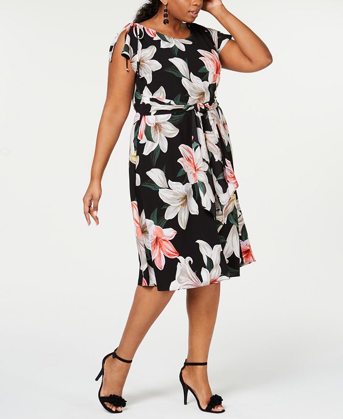 Robbie Bee Plus Size Belted Floral Printed Dress - Macy's