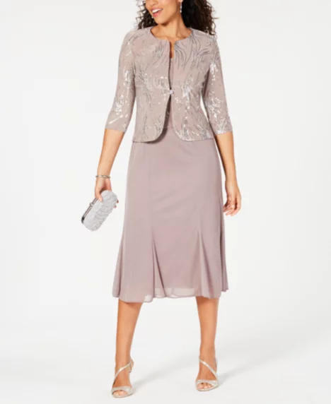 Petite Sequined Midi Dress and Jacket - Pewter