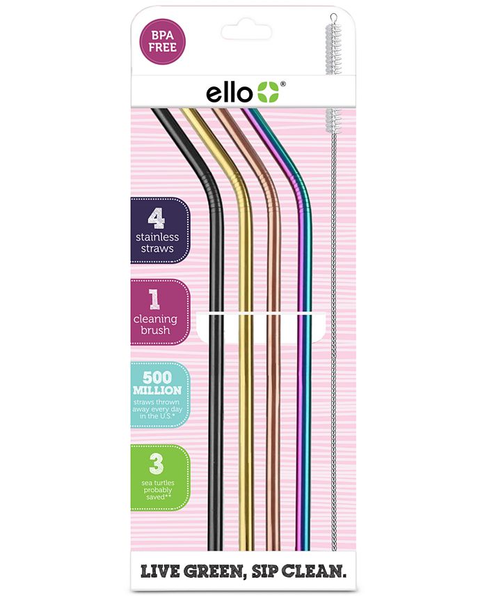Ello - Metallic Reusable Stainless&nbsp;Steel Straw&nbsp;4-pk. plus Wire Brush