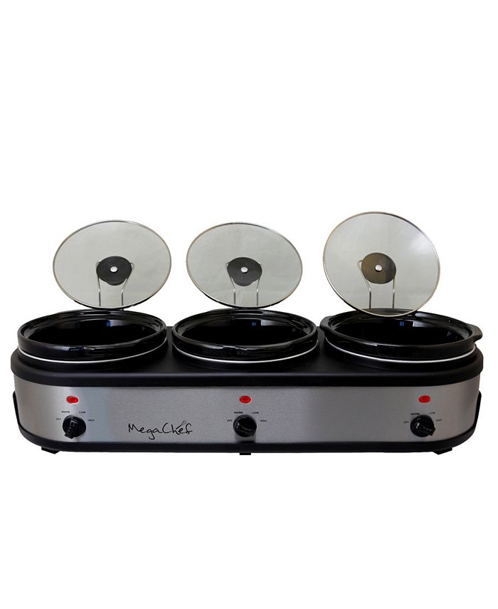 MegaChef Triple 2.5 Quart Slow Cooker and Buffet Server in Brushed Silver and Black Finish with