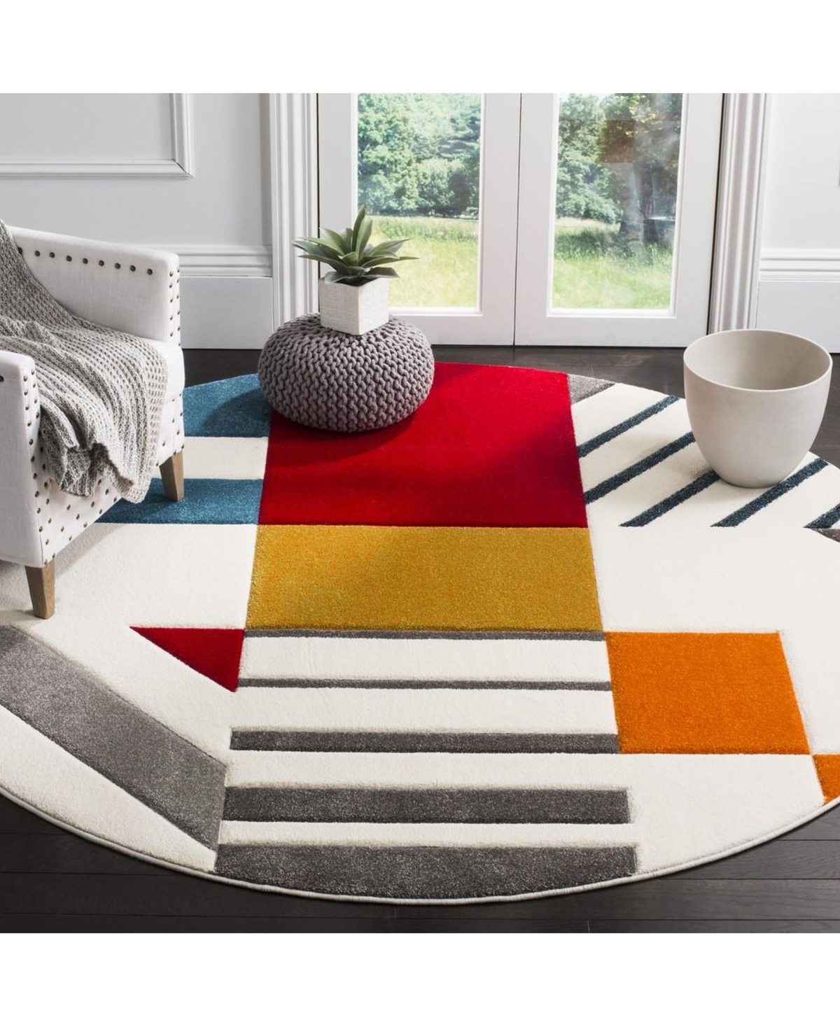 Safavieh Hollywood HLW709and Peacock Blue Round Area Rug - Ivory/peac