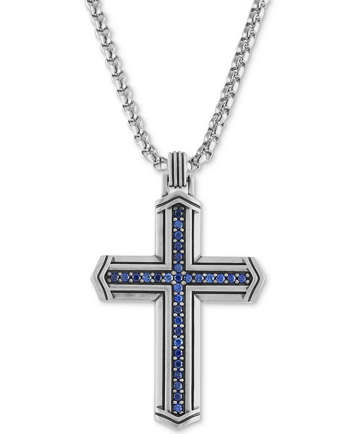 Esquire Men's Jewelry - Sapphire Cross 22" Pendant Necklace (5/8 ct. t.w.) in Sterling Silver,