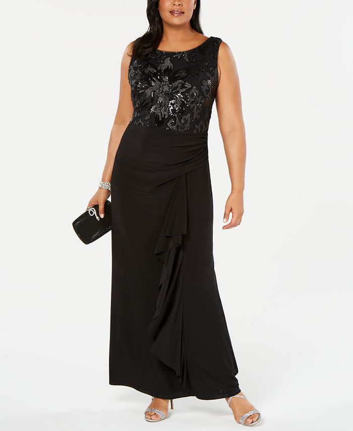 betsy & adam plus size galaxy glitter draped gown