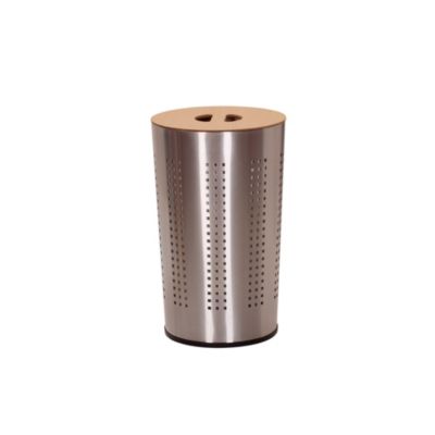 Round Metal Hamper with Engineered Wooden Lid, Stainless Steel