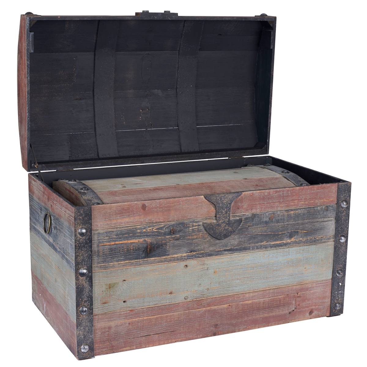 Household Essentials Set Of 2 Weathered Wooden Storage Trunks In Weathered Red,black,blue