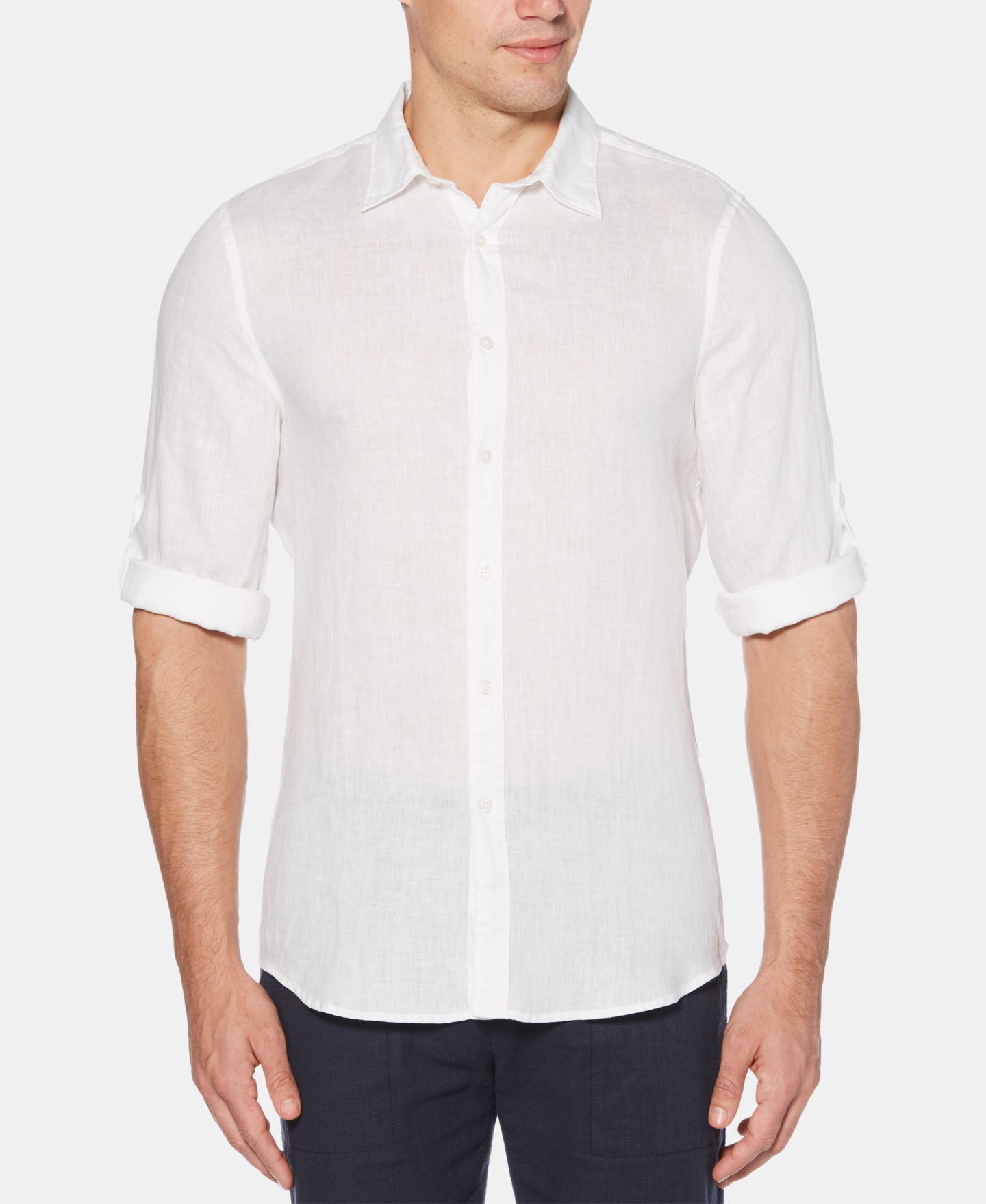 Мужская рубашка Perry Ellis Solid Linen Roll Sleeve, цвет: Яркий белый — фото 1