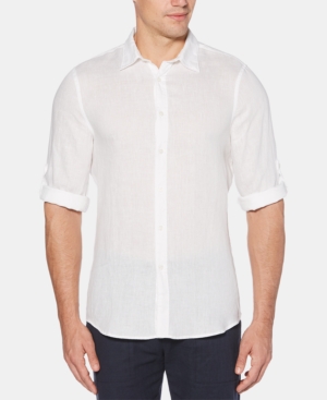 Shop Perry Ellis Men's Solid Linen Roll Sleeve Shirt In Bright White