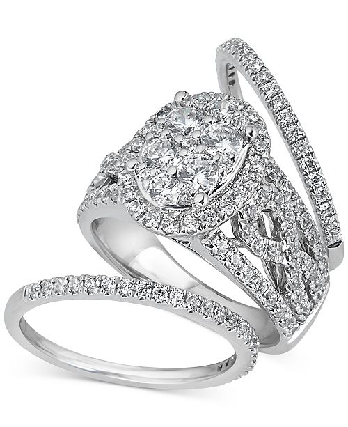 Macy S Diamond Halo 3 Piece Bridal Set 2 Ct T W In 14k White