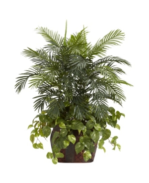 Nearly Natural 3.5' Double Areca W/ Vase And Pothos Silk Plant In Green