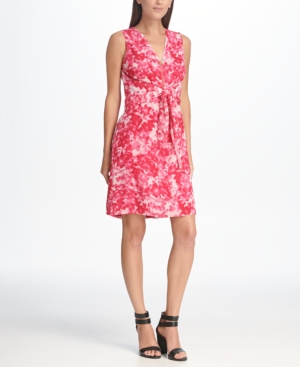 DKNY FLORAL PRINTED ZIP FRONT A-LINE TIE WAIST DRESS