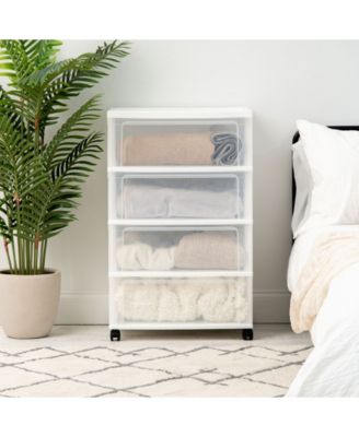 USA Plastic 4 Drawer Wide Storage Cart with 4 Caster Wheels, White