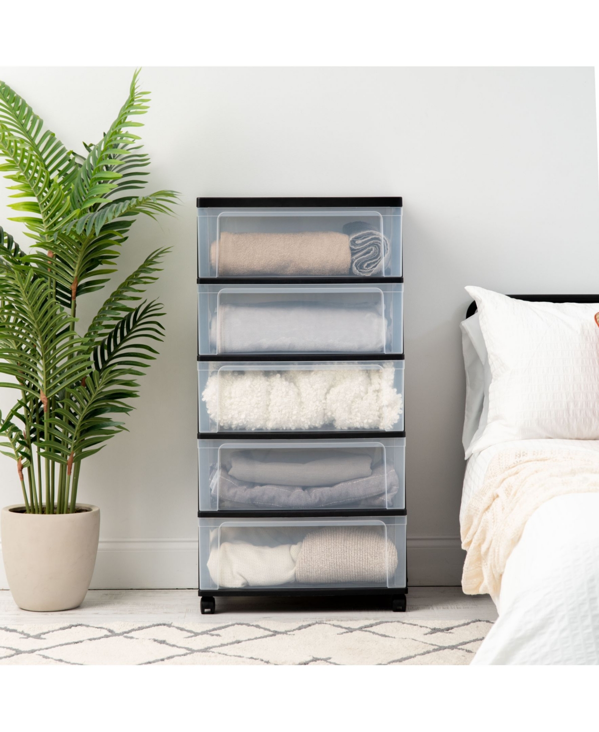 Iris Usa 5 Drawers Plastic Wide Chest Storage with Casters,- Black