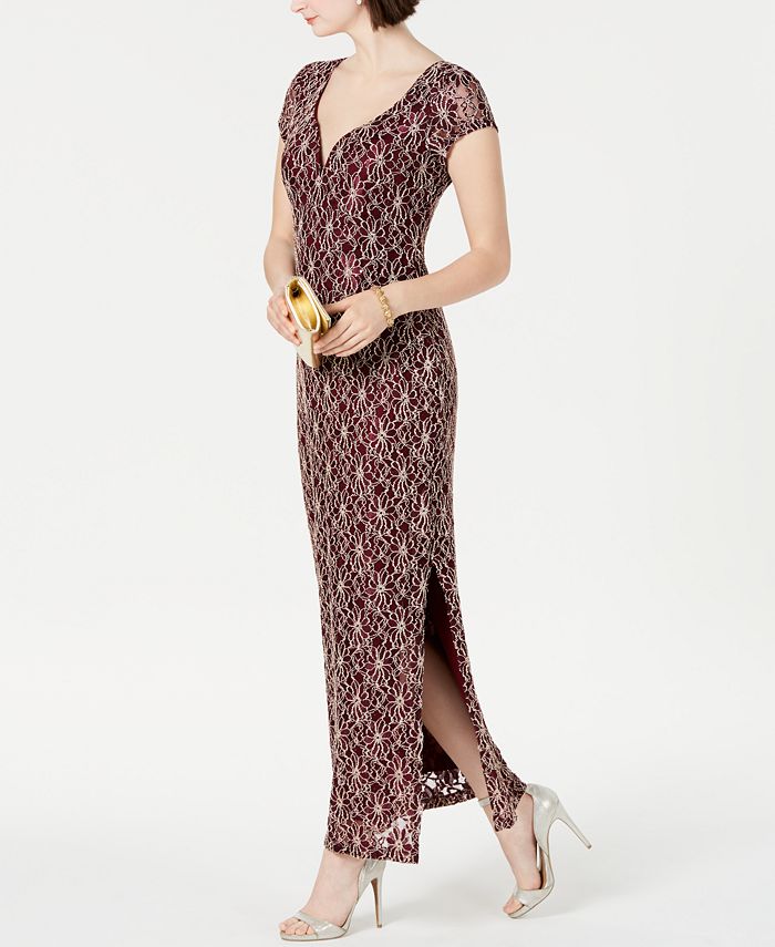 connected sequined lace overlay gown
