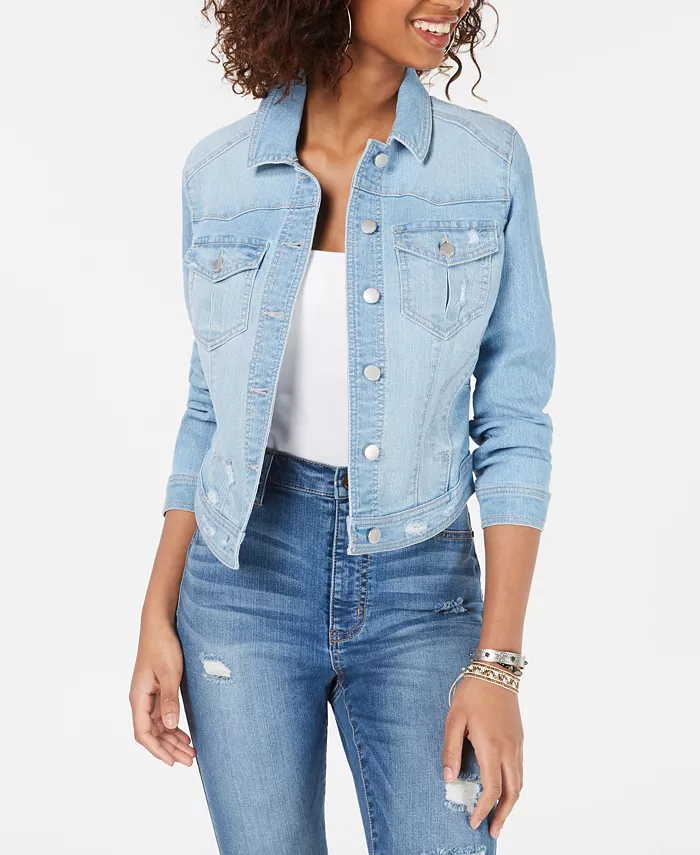 Juniors' Distressed Jean Jacket - thumbnail 4