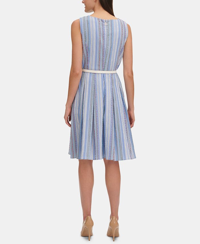 Tommy Hilfiger Petite Crinkle-Striped Belted Fit & Flare Dress - Macy's