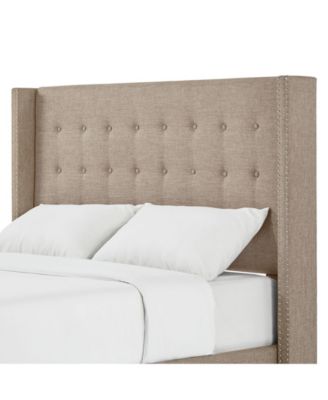 Amelina Tufted Beige Linen Nailhead Wingback Headboard, King