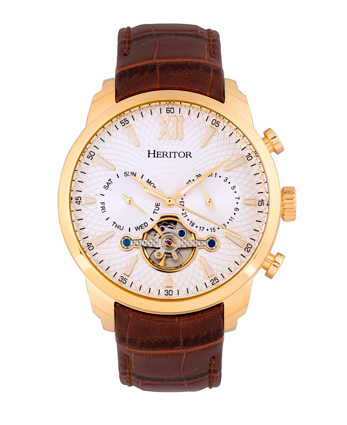 Automatic Arthur Gold Case, Genuine Brown Leather Watch 45mm - Brown