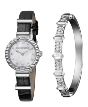 image of Roberto Cavalli By Franck Muller Women-s Diamond Swiss Quartz Black Calfskin Leather Strap Watch & Bracelet Gift Set, 26mm