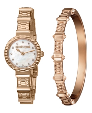 image of Roberto Cavalli By Franck Muller Women-s Diamond Swiss Quartz Rose-Tone Stainless Steel Bracelet Watch & Bracelet Gift Set, 26mm