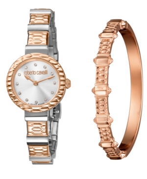 image of Roberto Cavalli By Franck Muller Women-s Swiss Quartz Two-Tone Rose Gold Stainless Steel Watch & Bracelet Gift Set, 26mm