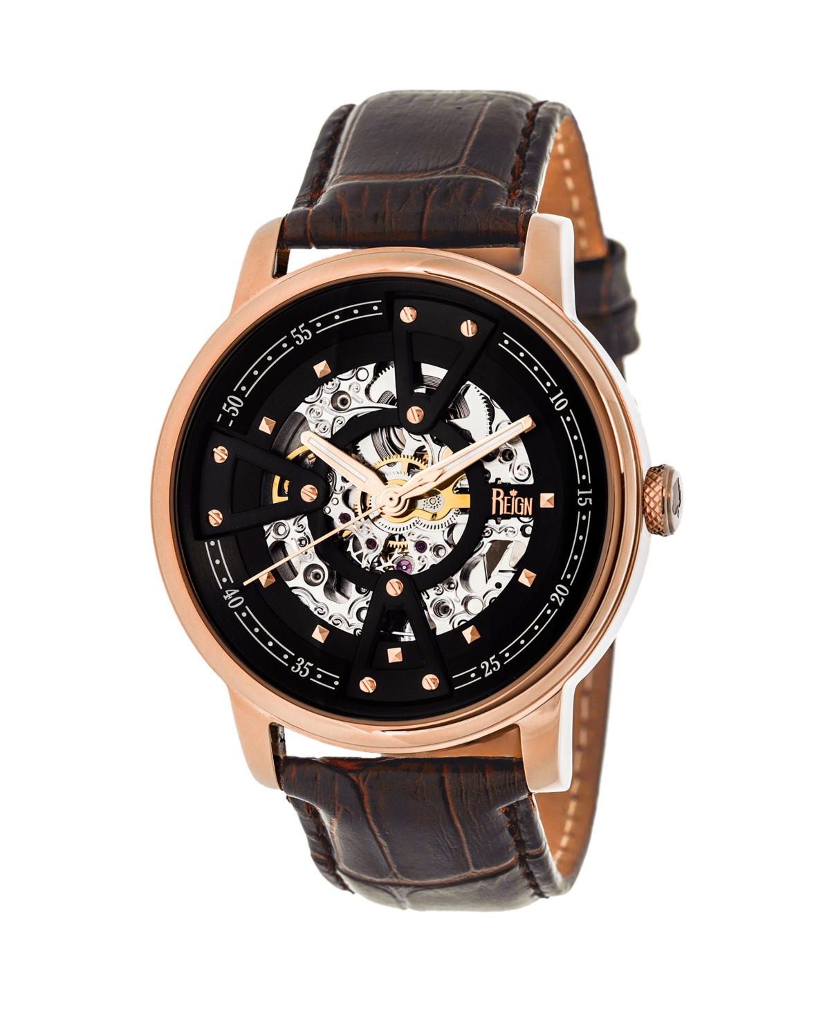 Belfour Automatic Rose Gold Case, Genuine Black Leather Watch 44mm - Dark Brown