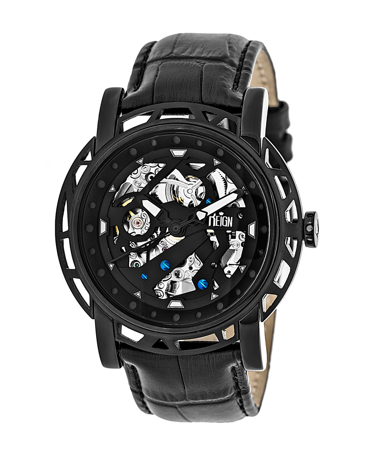 Stavros Automatic Black Case, Genuine Black Leather Watch 44mm - Black