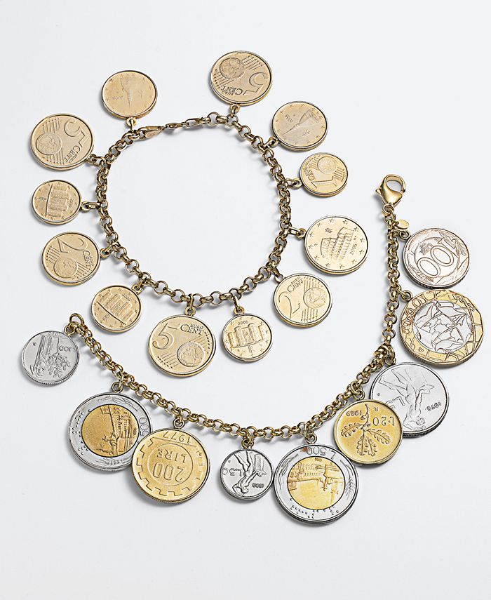 Italian Gold - Euro Coin Charm Bracelet in 14k Gold Vermeil