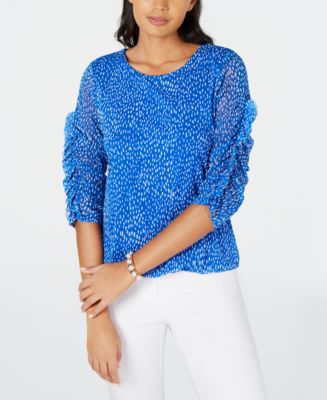 Alfani Petite Printed Ruched-Sleeve Mesh Bubble Top, Created for Macy's ...