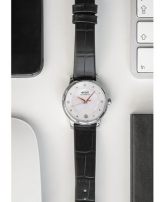 Women's Swiss Automatic Baroncelli II Diamond-Accent Black Synthetic Leather Strap Watch 27.9mm