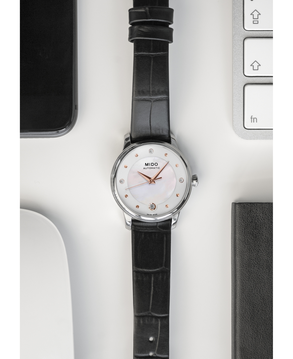 Mido Women's Swiss Automatic Baroncelli Ii Diamond-accent Black Synthetic Leather Strap Watch 27.9mm In Black