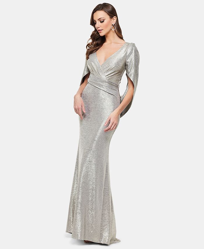 betsy and adam chiffon cape gown