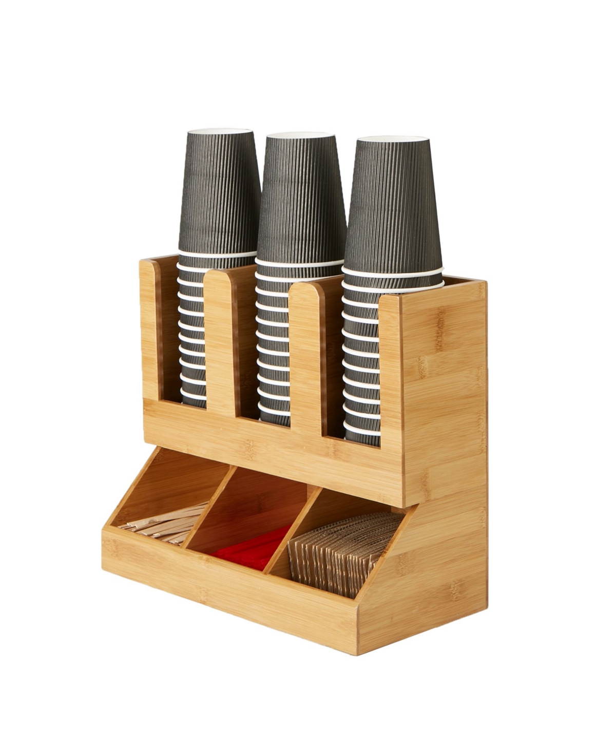 6 Compartment Upright Coffee Condiment and Cup Storage Organizer - Brown