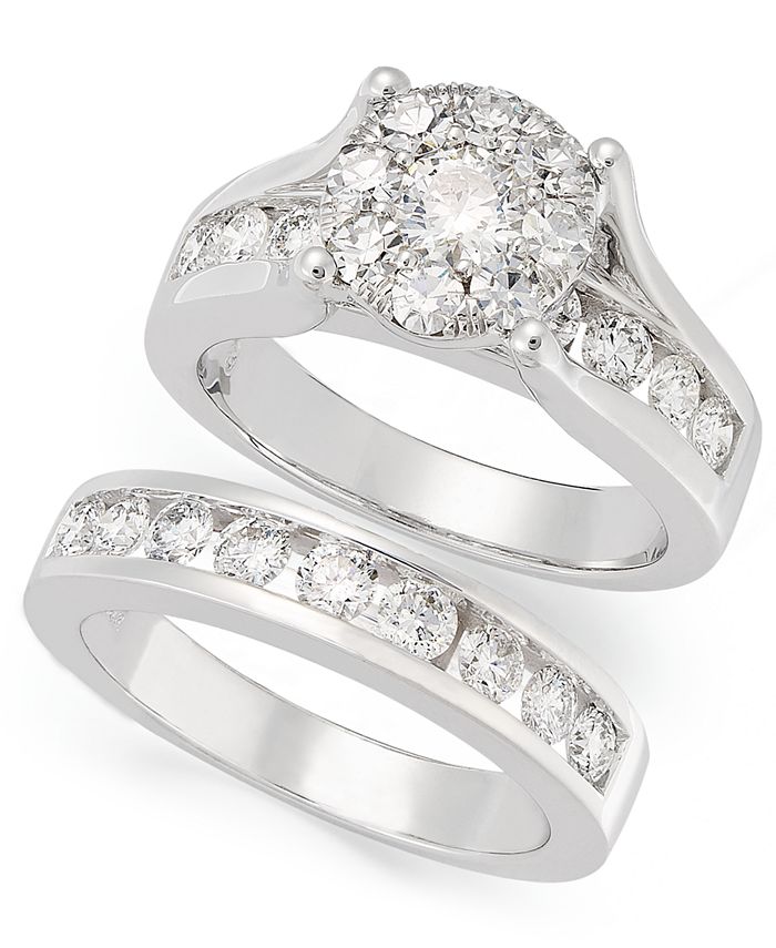 2 Ct Round 2 Pieces Engagement Wedding Band Set 14K White Gold Plated  Simulated