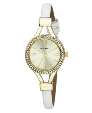 image of Laura Ashley Ladies- White Thin Strap Gold Case Crystal Bezel Watch