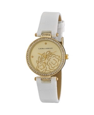image of Laura Ashley Ladies- White Crystal Bezel T-bar Floral Grey Alligator Strap Watch