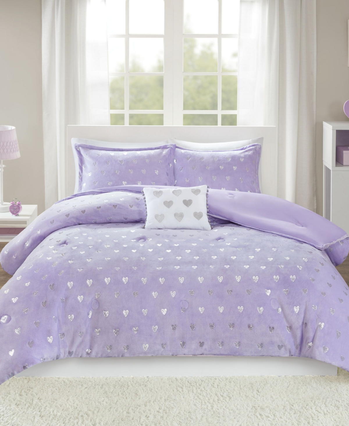 Mi Zone Rosalie Metallic Heart 3-pc. Comforter Set, Twin/twin Xl In Purple,silver