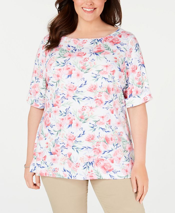 Karen Scott Plus Size Floral-Print Cuffed-Sleeve Top, Created for Macy ...