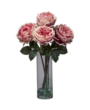 NEARLY NATURAL FANCY ROSE W/CYLINDER VASE SILK FLOWER ARRANGEMENT 