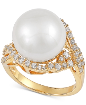 image of Cultured White Ming Pearl (13mm) & Cubic Zirconia Ring in 14k Gold-Plated Sterling Silver