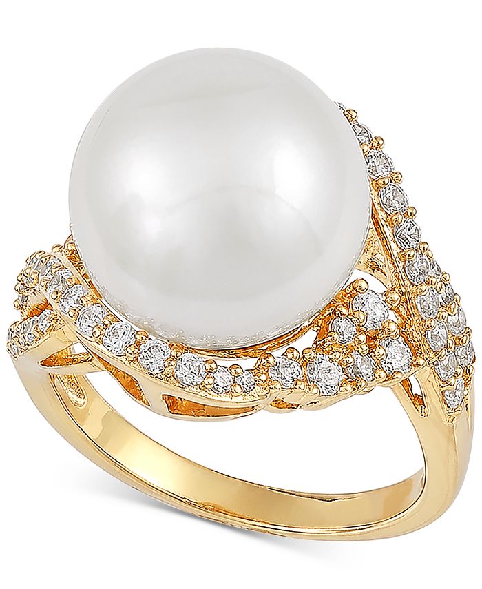 Macy's Cultured White Ming Pearl (13mm) & Cubic Zirconia Ring in 14k ...