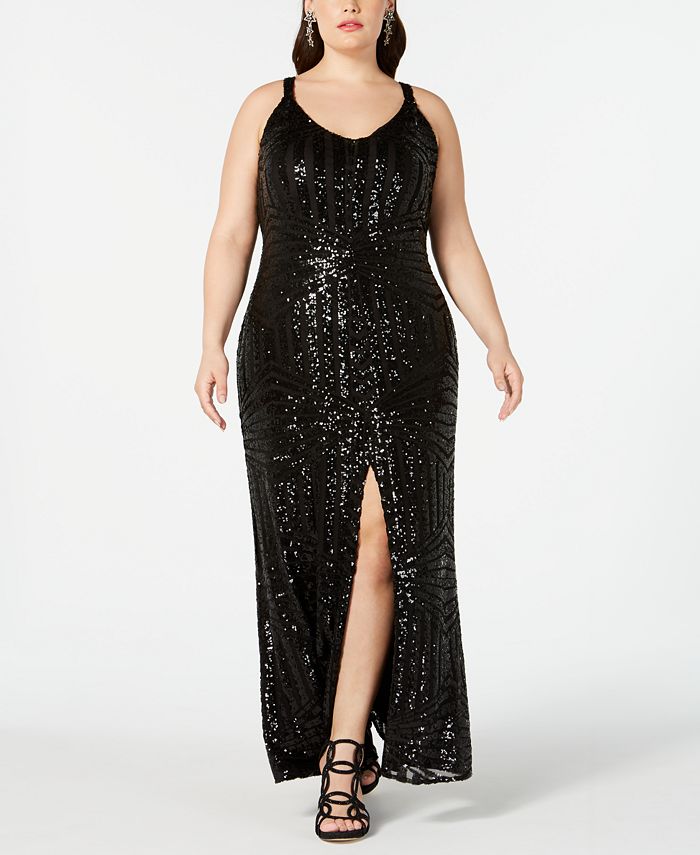 Nightway Plus Size Geo-Sequined Slit Gown - Macy's