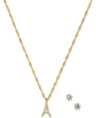 Charter Club - Gold-Tone Crystal Stud Earrings & Eiffel Tower Pendant Necklace Set, Created for Macy's