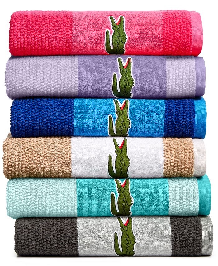 Set Of 2 Lacoste Stripe 30x52 Bath Towel 100% Cotton Sand Brown Big Logo  Towel
