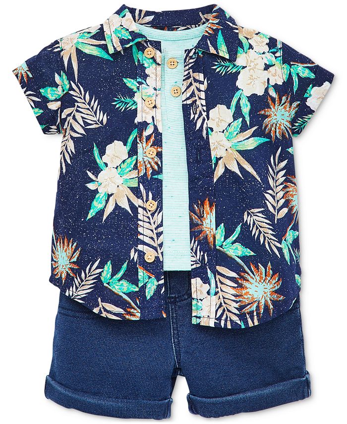 Little Me Baby Boys 3-Pc. Cotton Henley, Floral-Print Shirt & Shorts ...