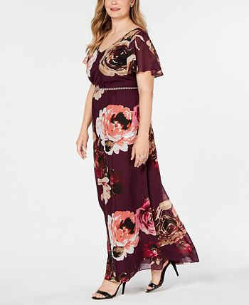 SL Fashions Women's Embellished Floral Print Gown Red Size 12