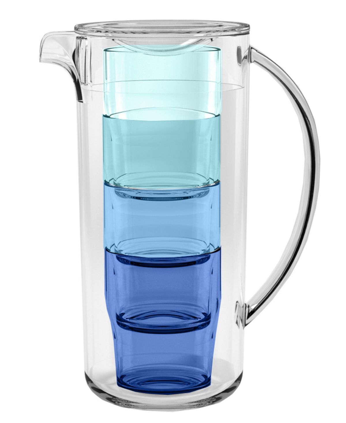 Simple Stacked Nested Pitcher Set with 4 Assorted Color Glasses, 91 oz., Premium Plastic, 5 Piece Set - White Blue
