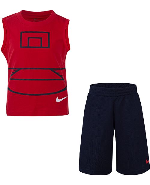 Toddler Boys 2 Pc Basketball Court Muscle T Shirt Mesh Shorts Set