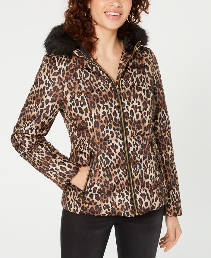 Celebrity Pink Juniors Leopard Print Puffer Coat with Faux Fur